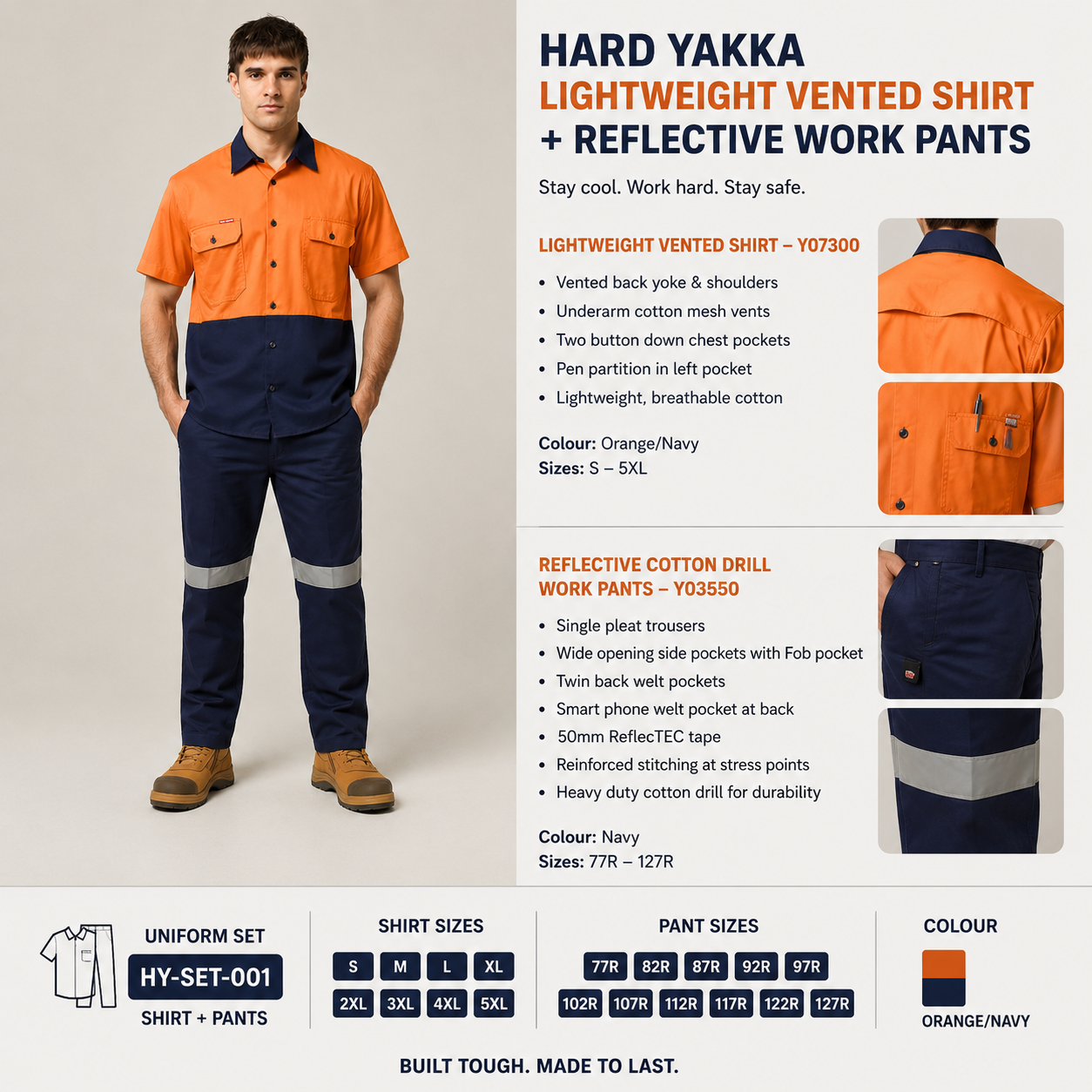 Hard Yakka Mens Lightweight Vented Shirt & Reflective Work Pants Uniform Set  Workwear HYSET001
