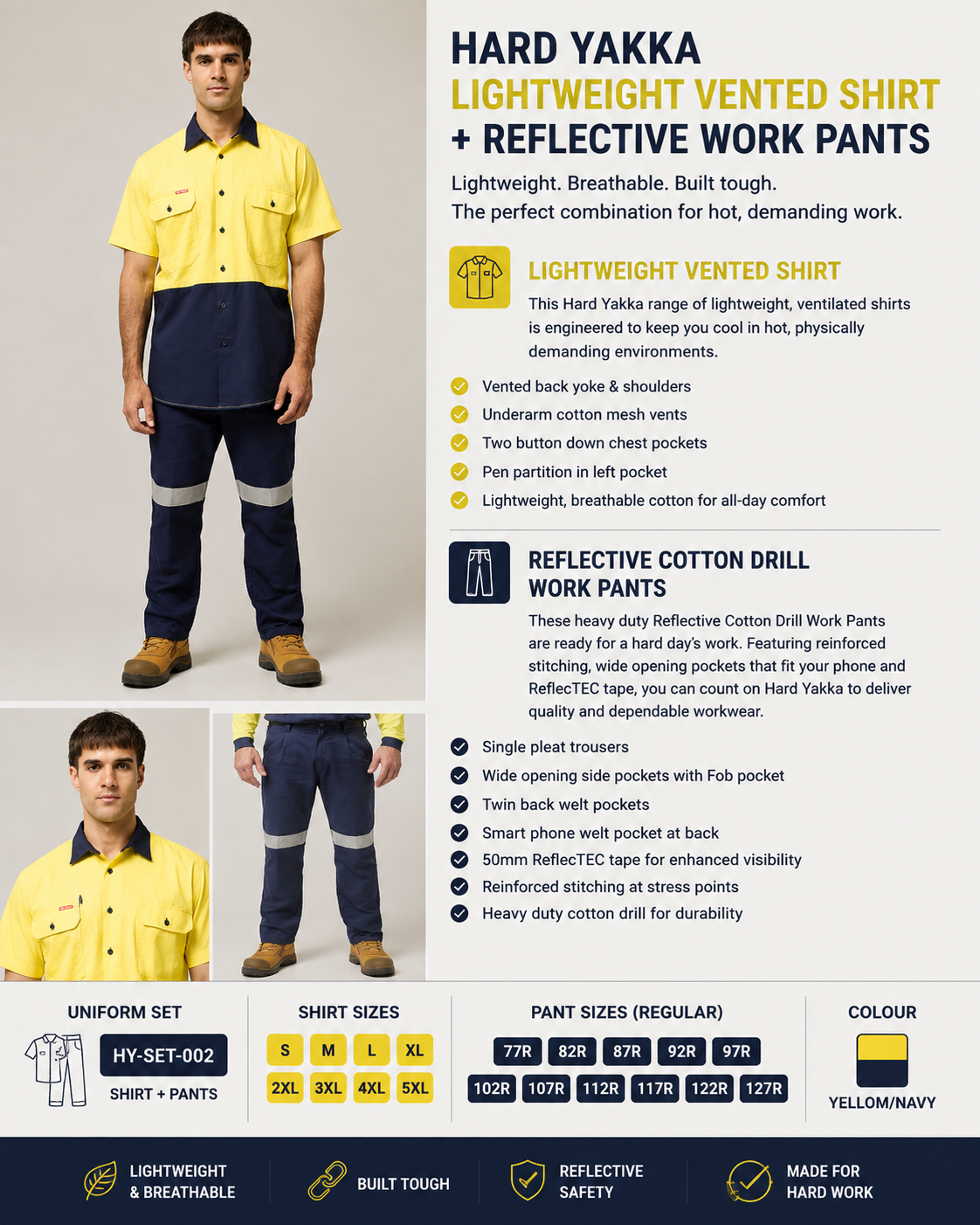 Hard Yakka Mens Lightweight Vented Shirt & Reflective Work Pants Uniform Set  Workwear HYSET001