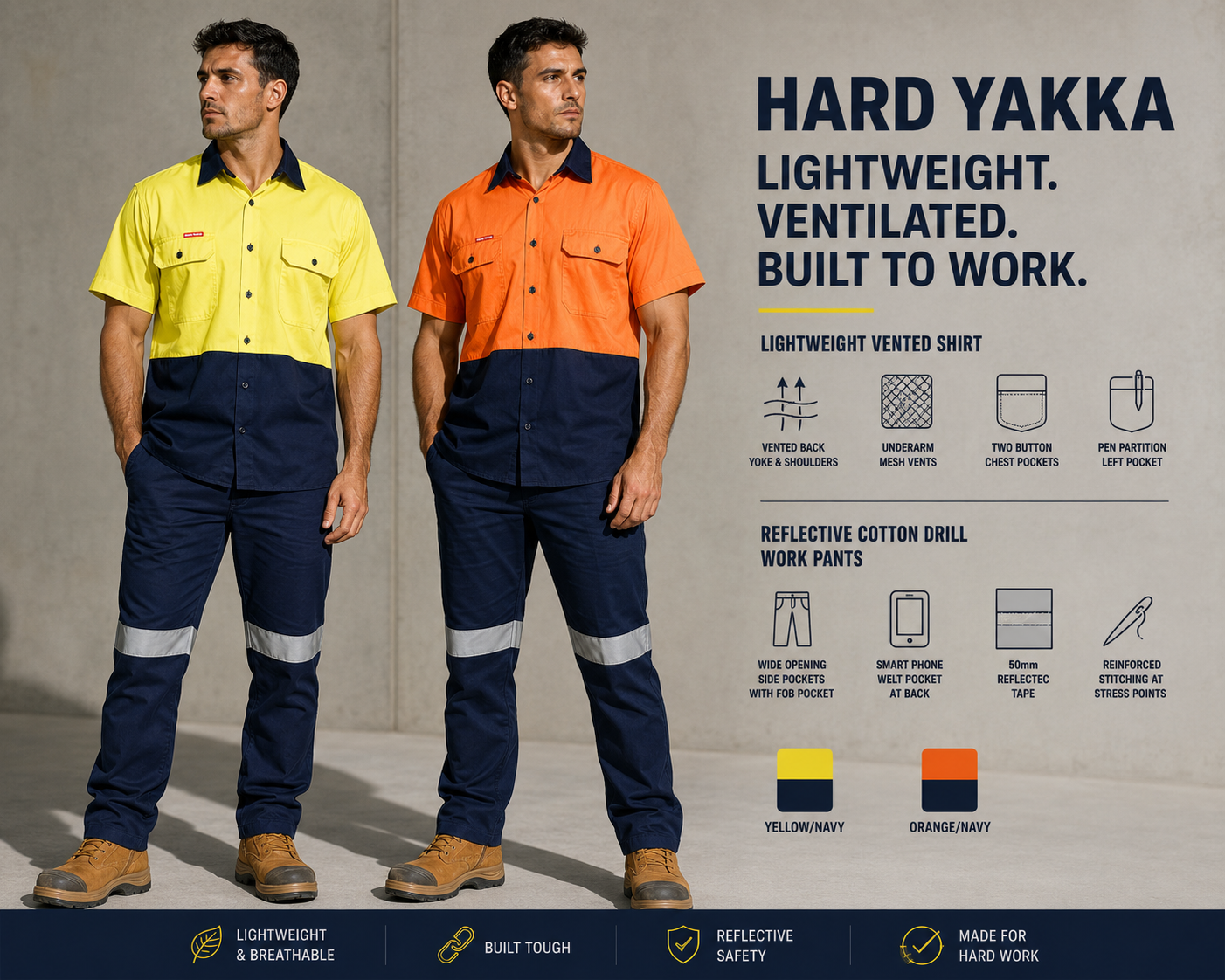 Hard Yakka Mens Lightweight Vented Shirt & Reflective Work Pants Uniform Set  Workwear HYSET001