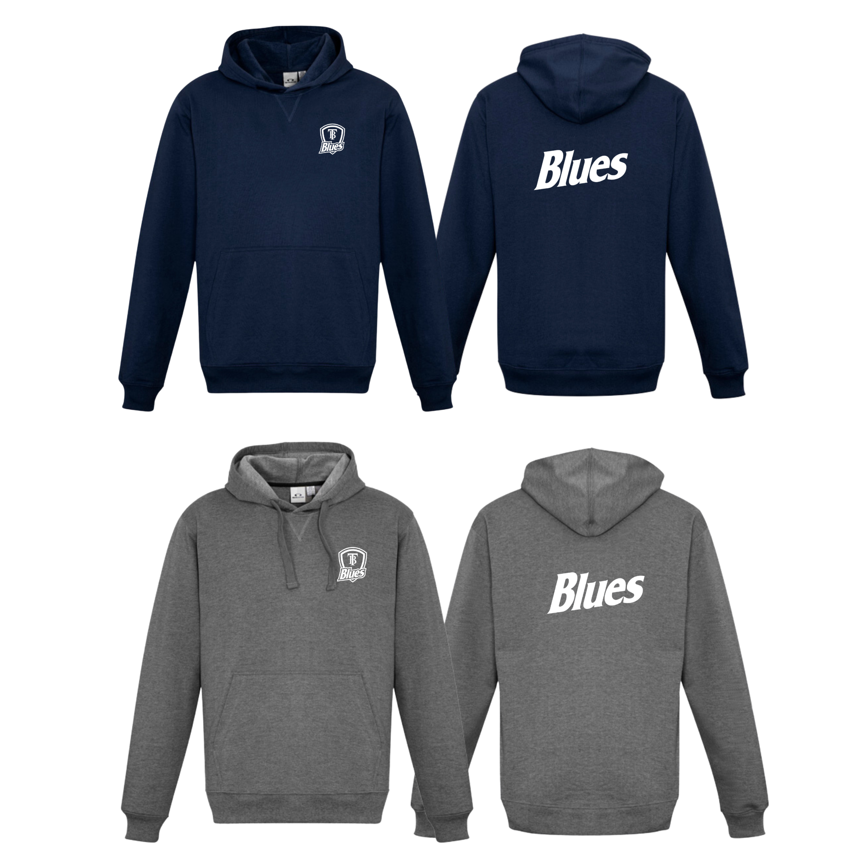 Tumby Bay Blues Kids Navy Grey Crew Hoodie Front and Back Logo Embroidered SW760K