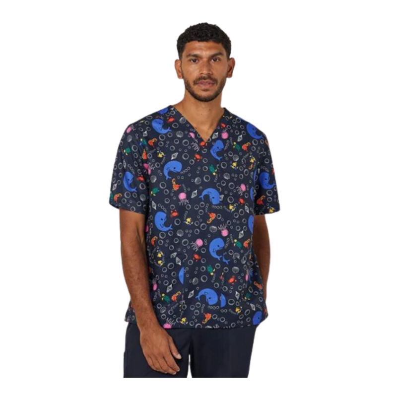 NNT Mens Under The Sea Print Scrub Top Unisex V Neck Line Nurse Workwear CATRFW-Collins Clothing Co