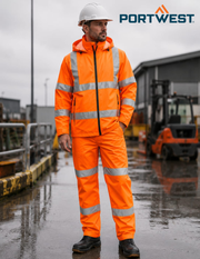 Portwest Hi Vis Lightweight Packable Jacket & Trousers Set Orange Waterproof Workwear S164 S165