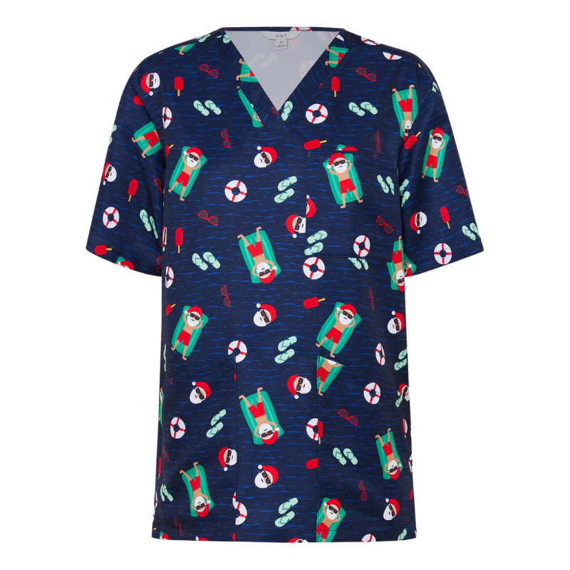 NNT Unisex Festive Santa Pool Party Scrub Digital Print V-neckline Top CATRGK-Collins Clothing Co