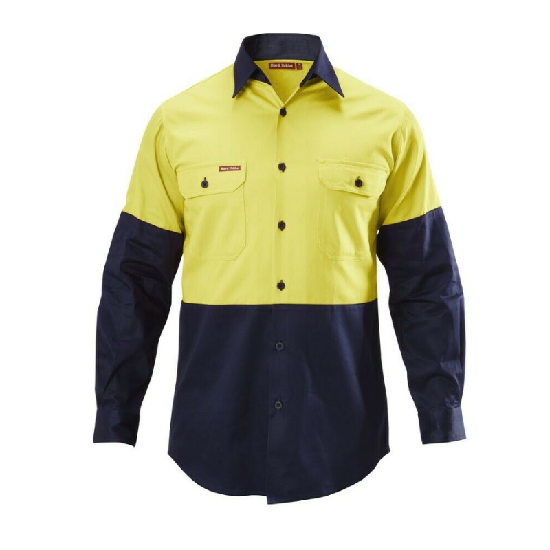 Hard Yakka Shirt Hi-Vis 2 Tone Long Sleeve Drill Work Safety Cotton Y07982-Collins Clothing Co
