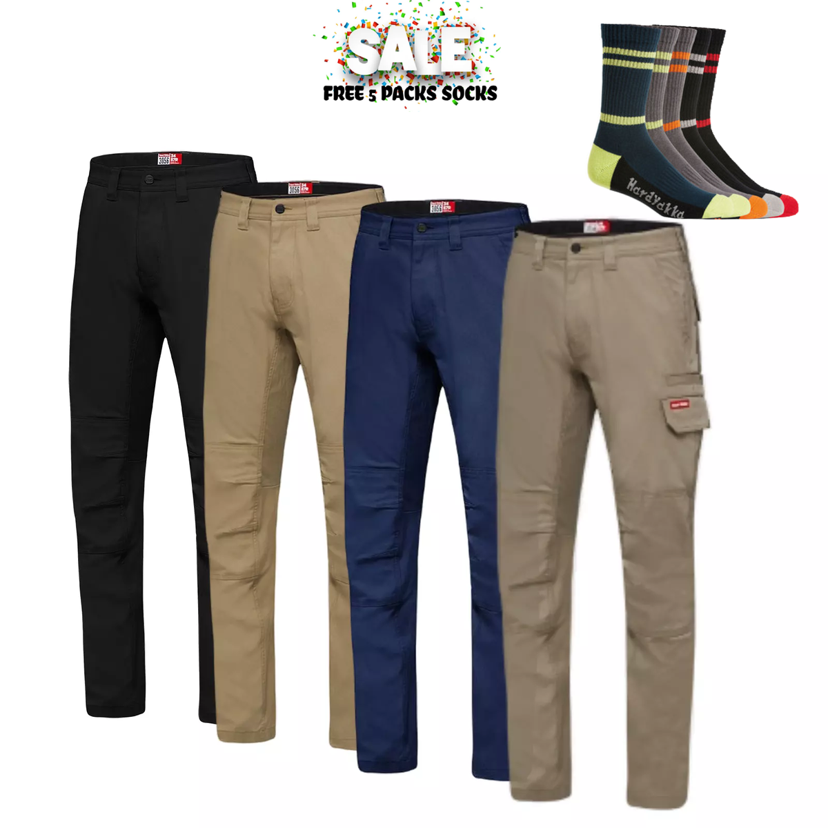 Mega Sale!! Hard Yakka Mens 3056 Stretch Canvas Cargo Pants Tough Slim Comfort Work Y02880 Free 5 Pk Socks