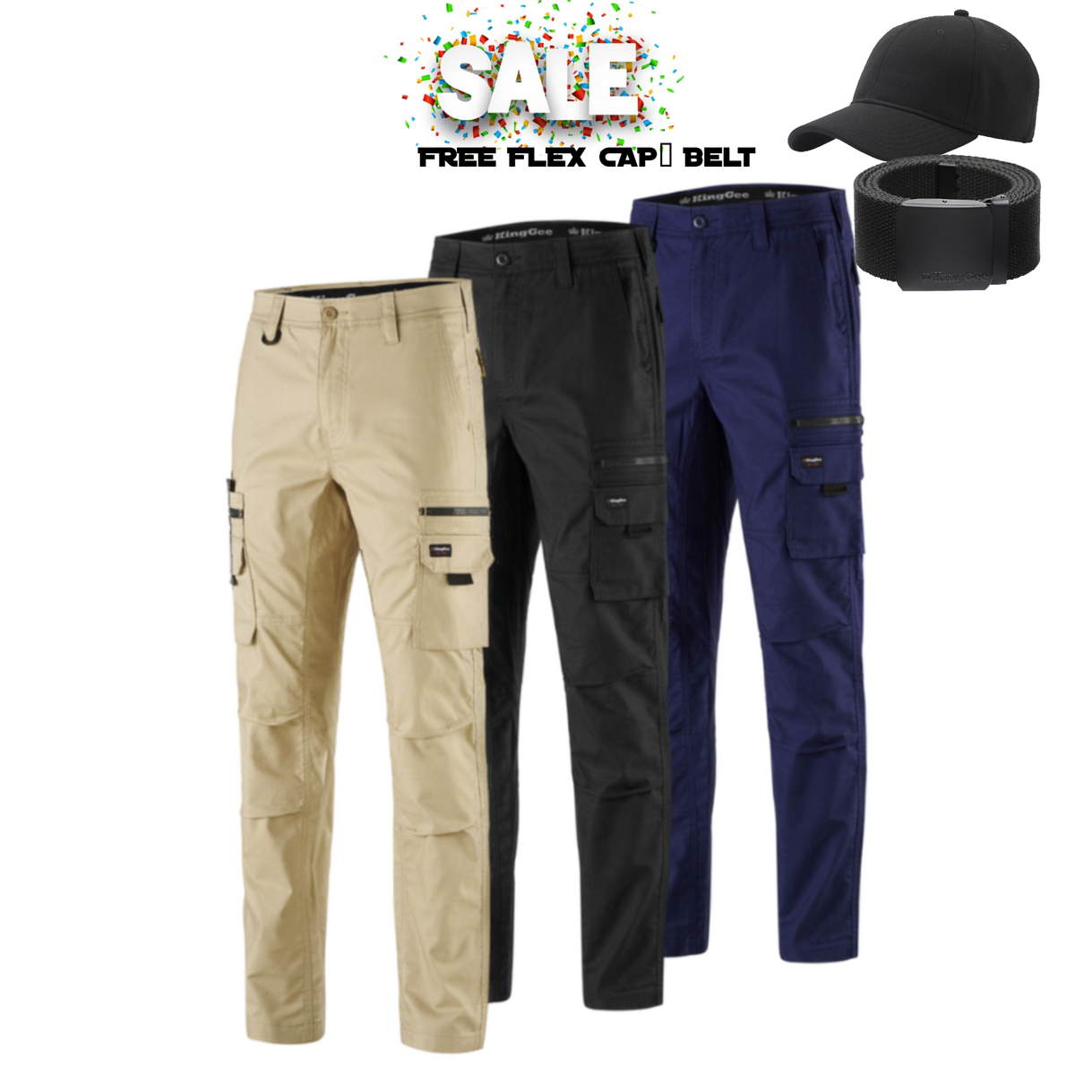 Mega Sale!! KingGee Mens N Force Pant Cotton Comfy Cargo Pants Work Stretch Denim K13001 Free Belt & Cap