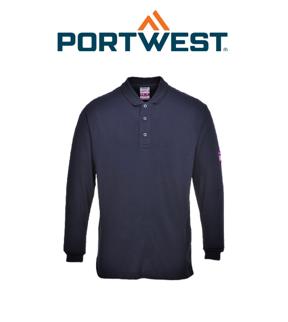Portwest Flame Resistant Anti-Static Long Sleeve Polo Shirt Ribbed Collar FR10