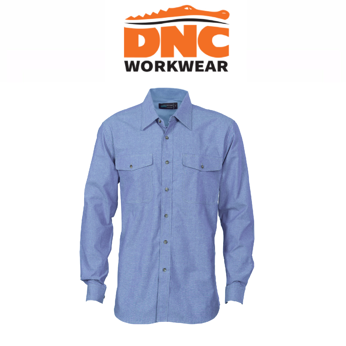 DNC Workwear Mens Twin Flap Pocket Cotton Chambray Long Sleeve Casual 4104