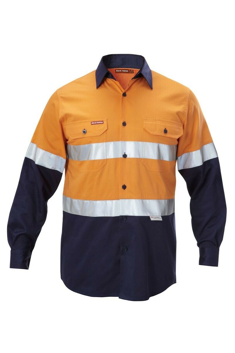 Hard Yakka Work Shirt Hi-Vis Taped Safety Long Sleeve Cotton Drill Y07990
