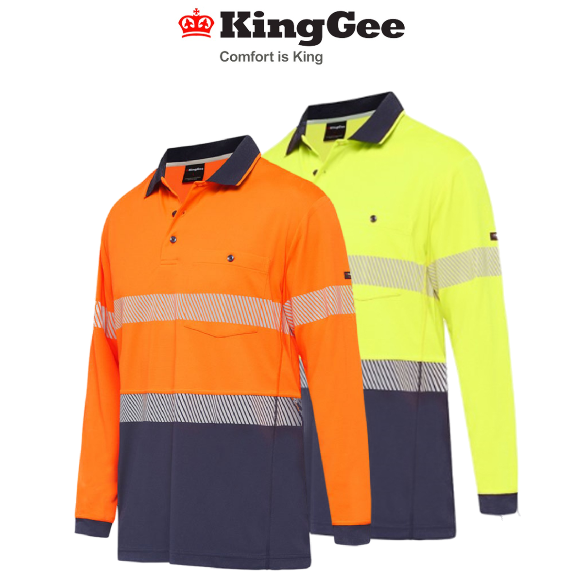 KingGee Mens Hi-Vis Workcool Summer Polo Shirt Long Sleeve Taped Work K54225