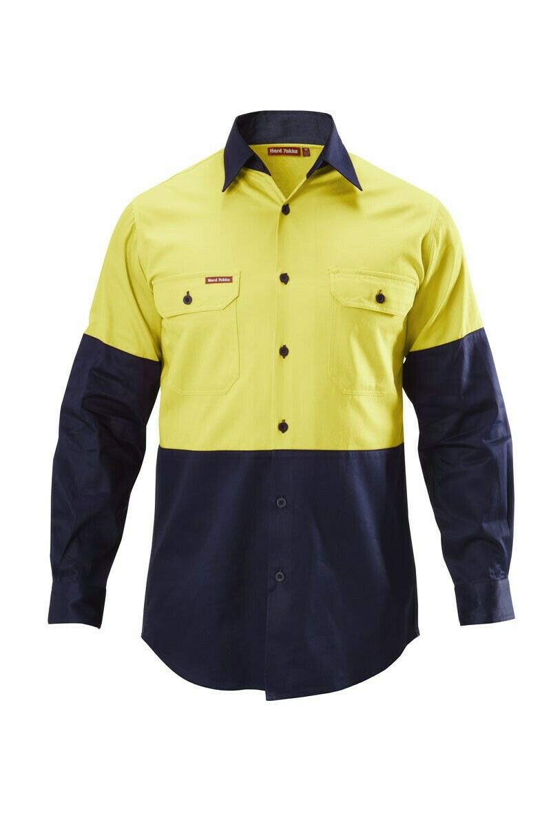Hard Yakka Shirt Hi-Vis 2 Tone Long Sleeve Drill Work Safety Cotton Y07982-Collins Clothing Co