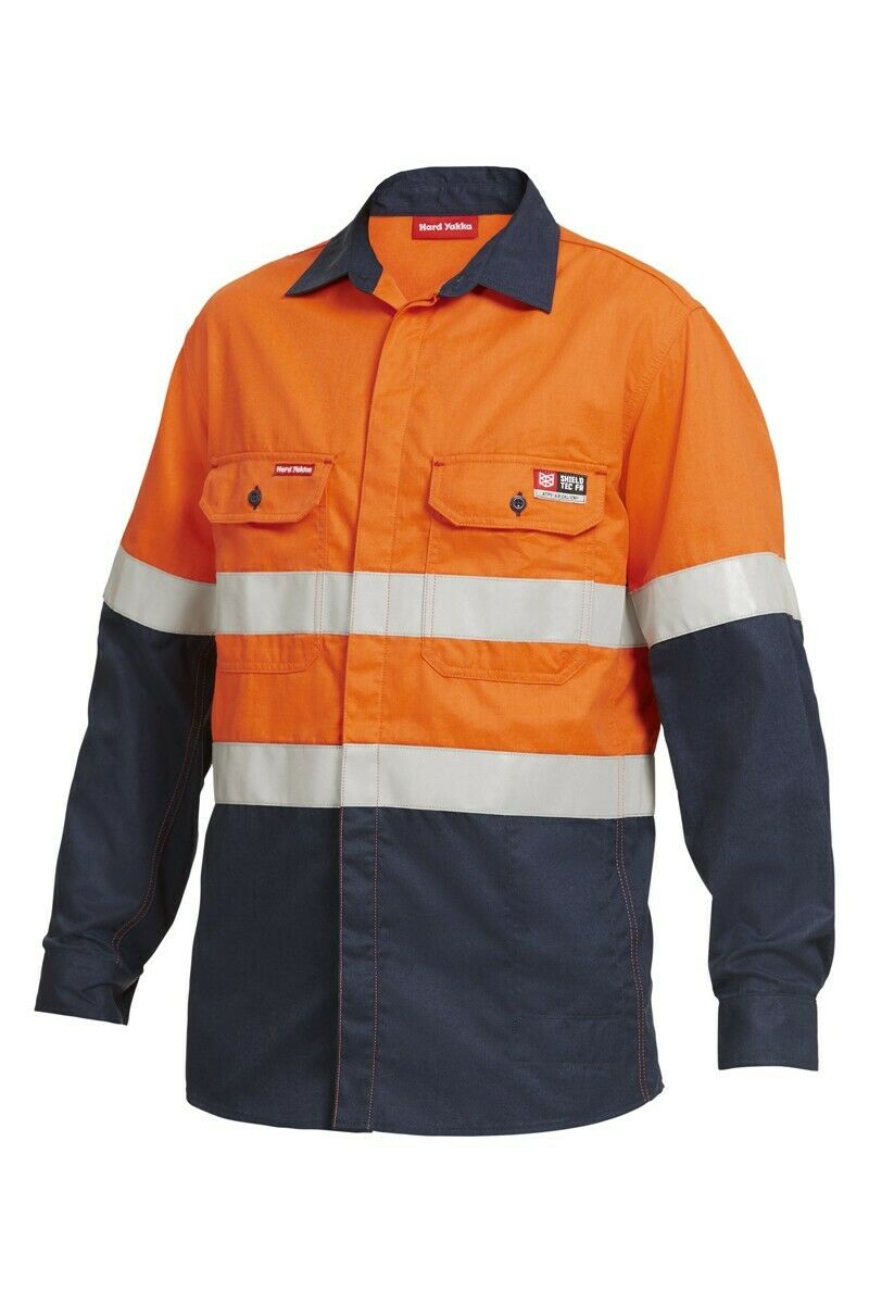 Mens Hard Yakka Protect Mining Work Hi-Vis Fire Resistant Safety Shirt Y04350