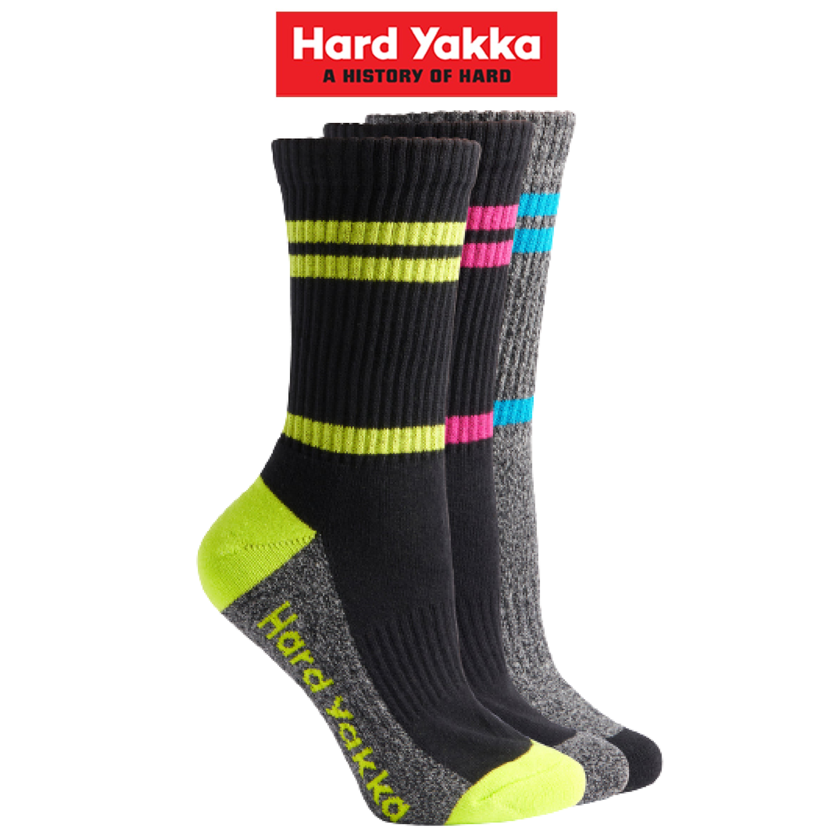 Hard Yakka Womens Crew 3 Pack Work Socks Multi Colored Cotton Comfort Y20120