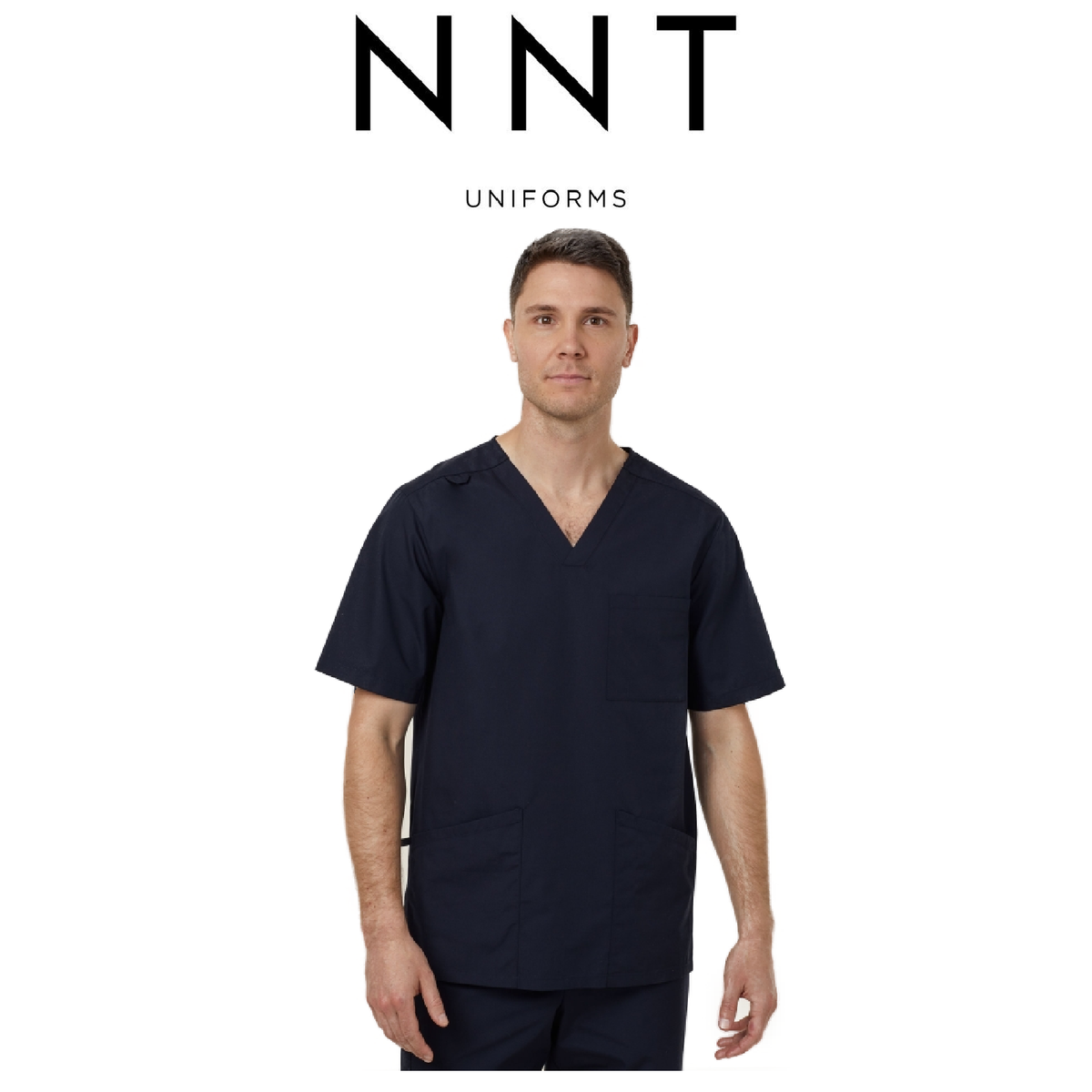a man wearing nnt uniform next gen anti bacterial carl black scrub top v-neck nurse