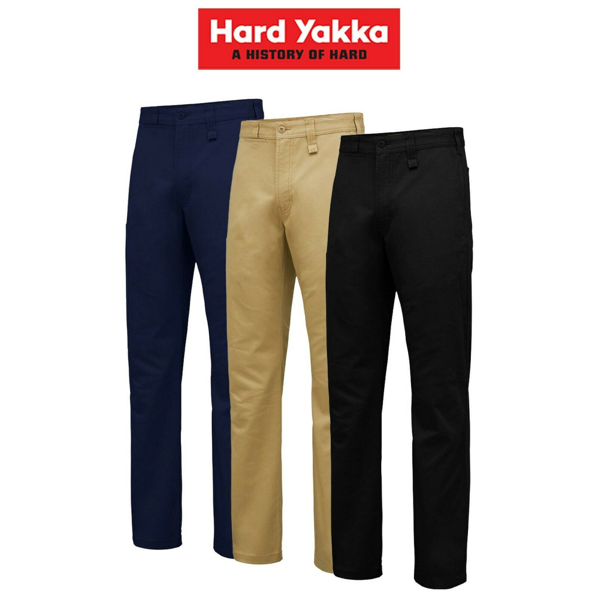 different colors of mens hard yakka core basic cotton drill work pants construction 
