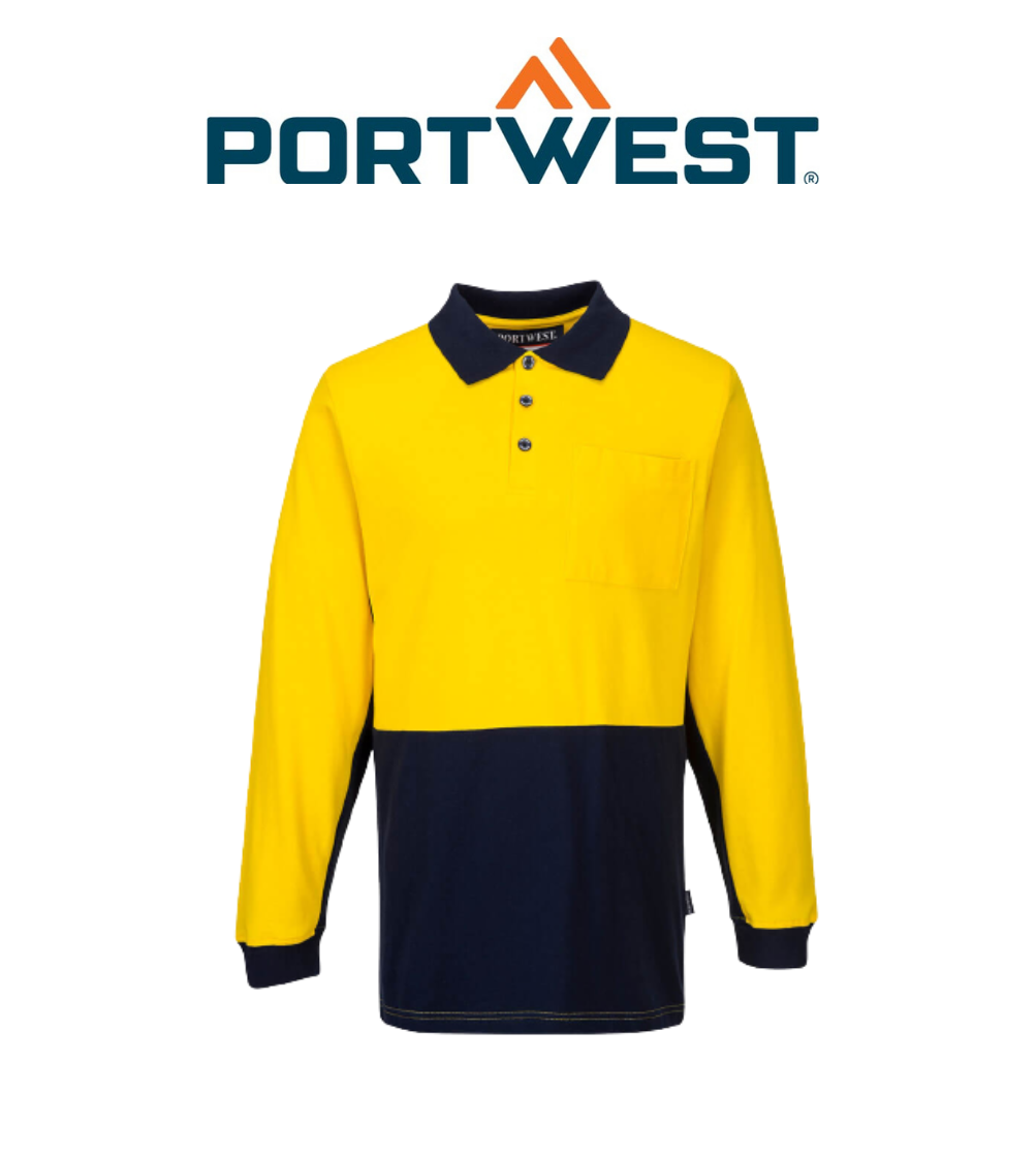 Portwest Long Sleeve Cotton Pique Polo 2 Tone Collared Breathable Shirt MD619