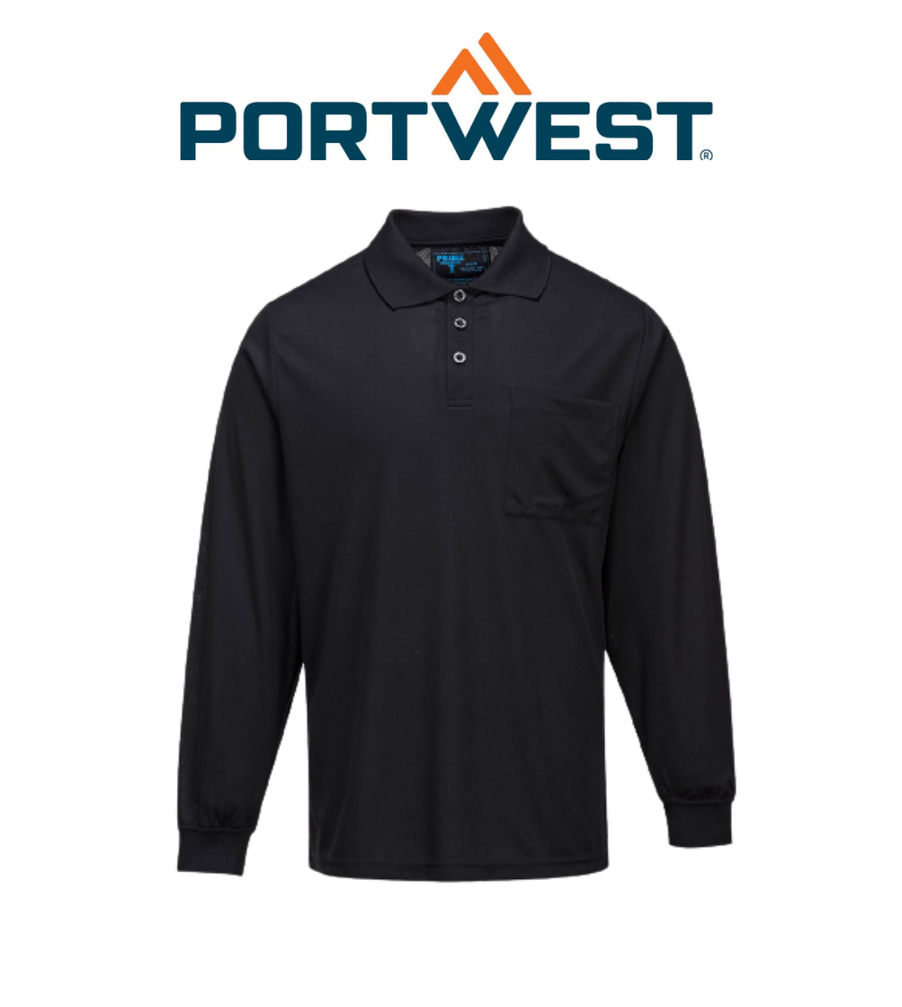 Portwest Long Sleeve Solid Colour Micro Mesh Polo Black Casual Shirt MP103