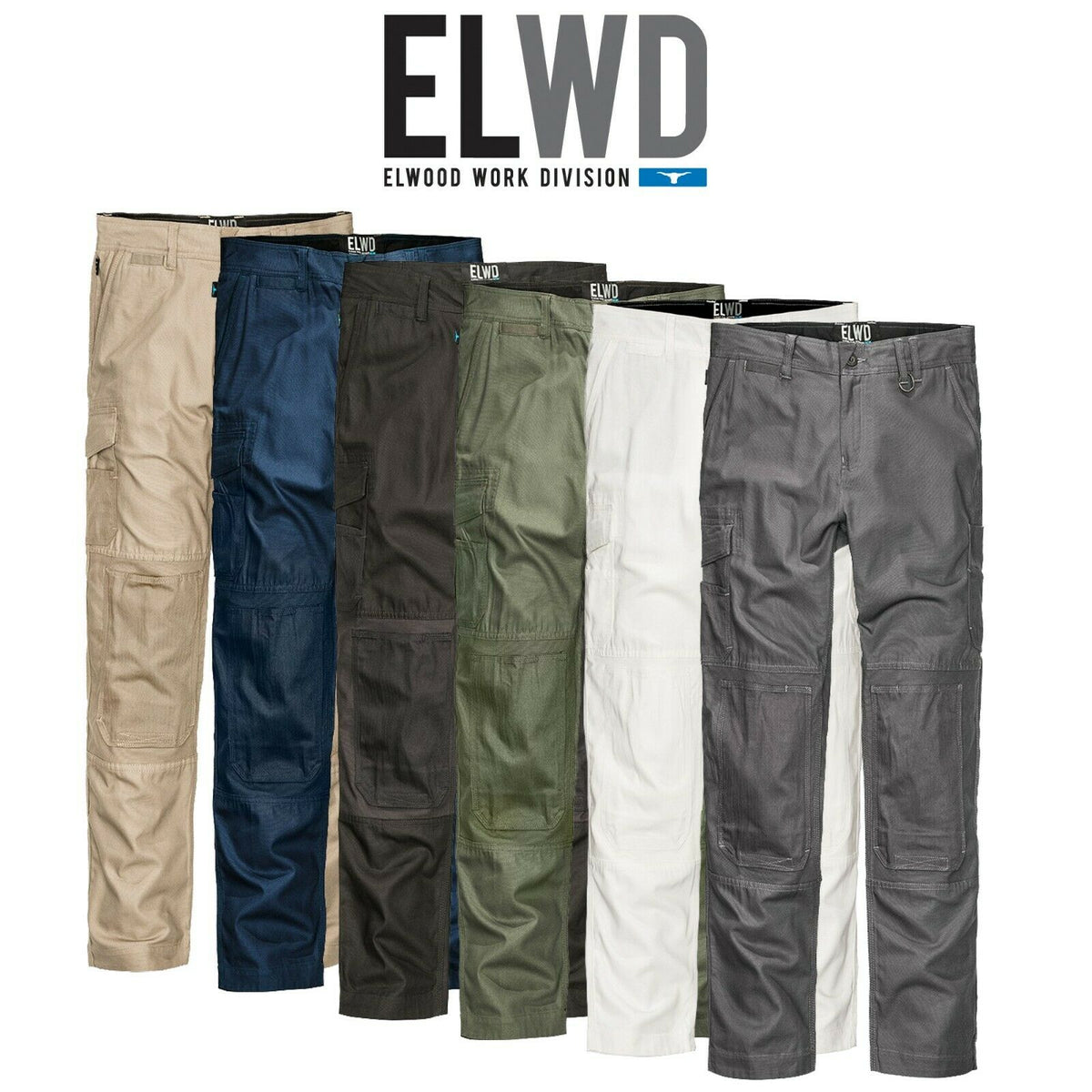 Mens Elwood Work Utility Pants Knee Panels Canvas Tradie Phone Pocket EWD101