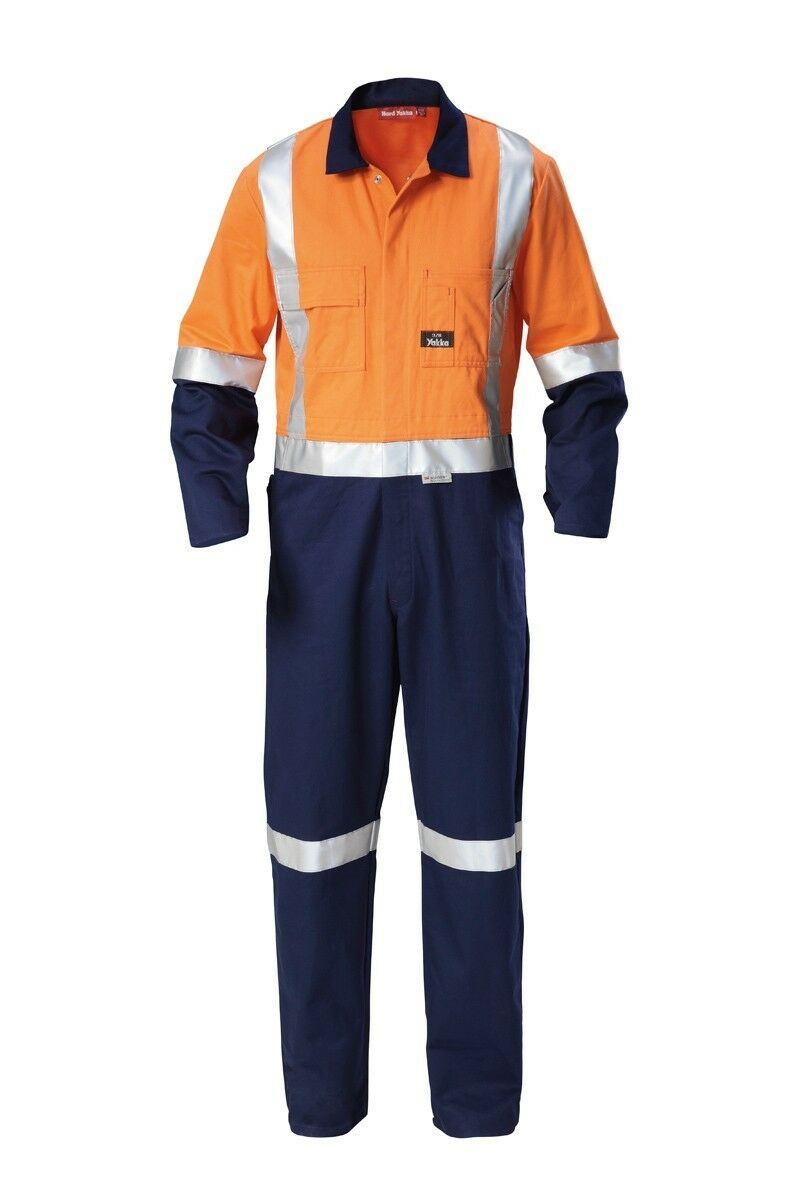 Mens Hard Yakka Hi-Vis Taped Cotton Safety Coverall Overalls Workwear Y00262