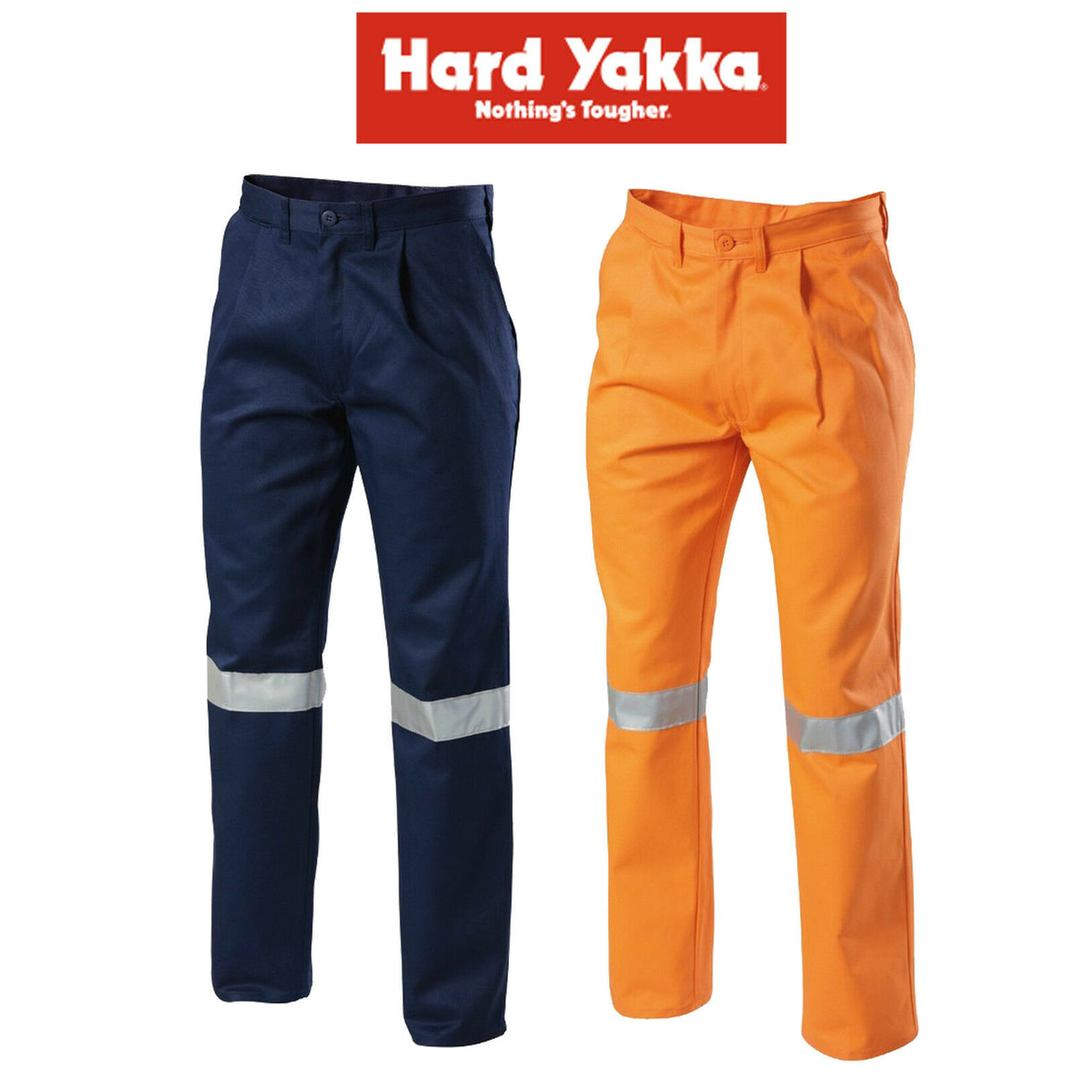 Mens Hard Yakka Cotton Drill Pants Reflective Tape Workwear Tough Y02615