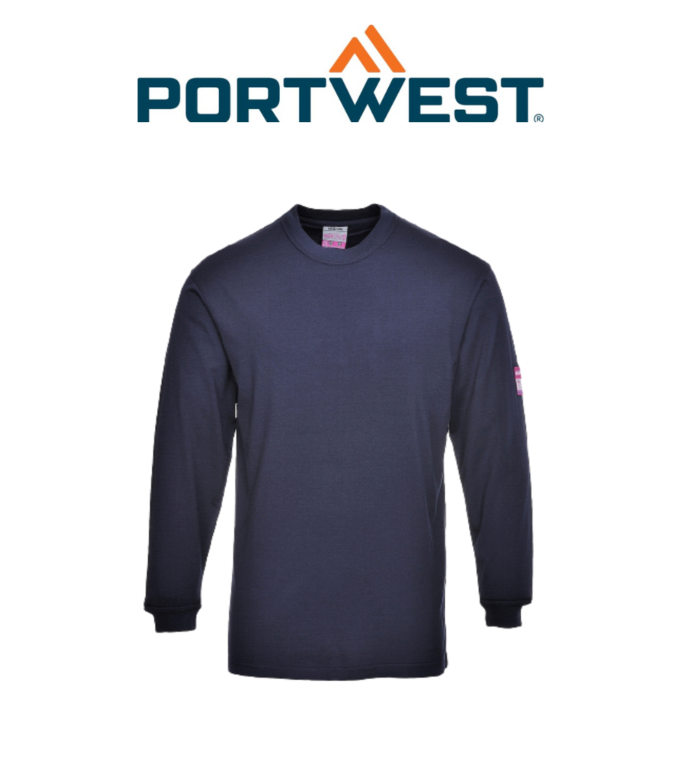 Portwest Flame Resistant Anti-Static Long Sleeve T-Shirt Navy Breathable FR11