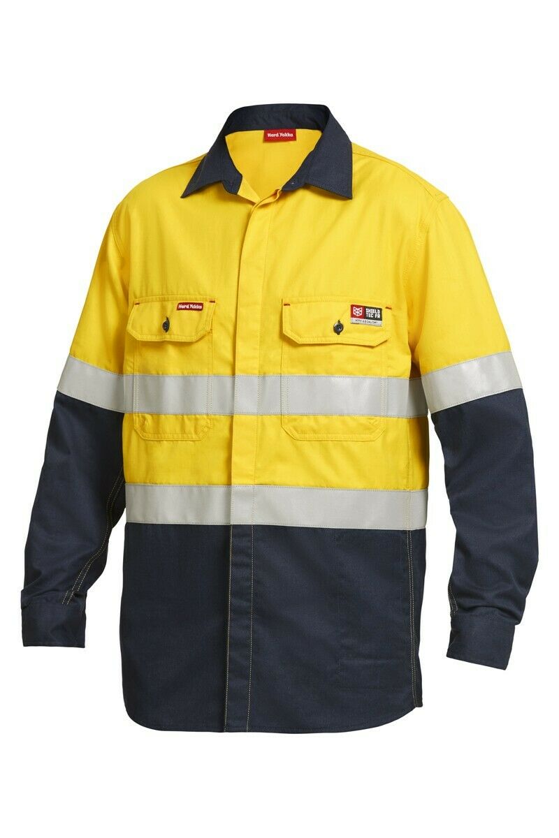 Mens Hard Yakka Protect Mining Work Hi-Vis Fire Resistant Safety Shirt Y04350-Collins Clothing Co