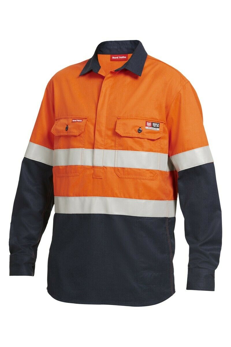 Mens Hard Yakka FR ShieldTec Hi-Vis Safety Mining Energy Gas Work Shirt Y04550