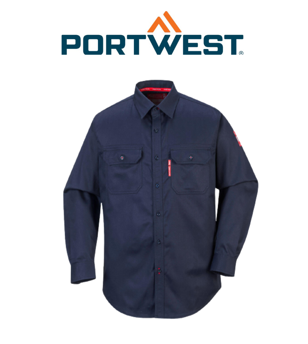 Portwest Bizflame 88/12 Shirt Navy Collared Button Flap Closure Long Sleeve FR89