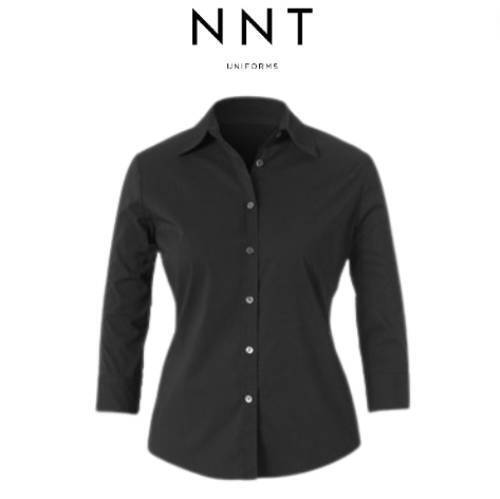 NNT Mens Stretch Cotton Blend 3/4 Sleeve Black Collared Business Shirt CAT4K5