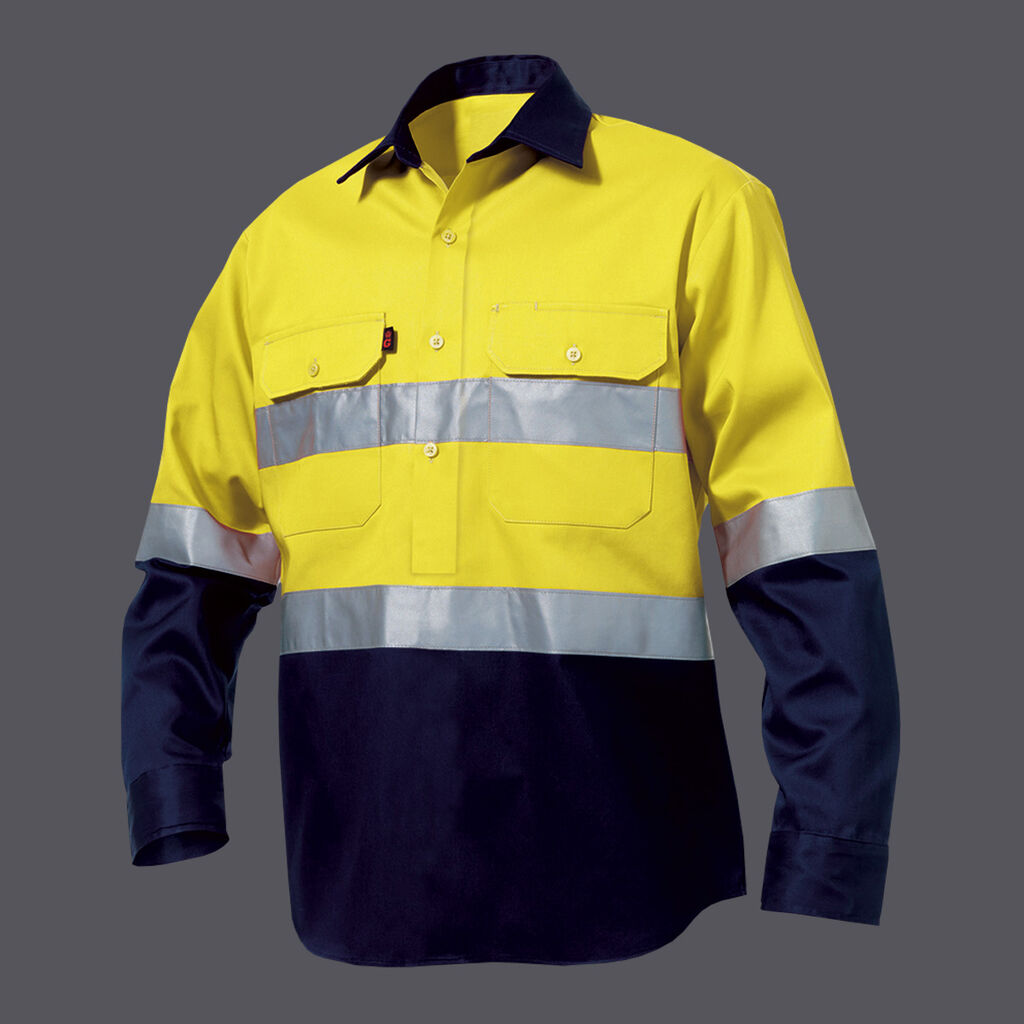 KingGee Mens Closed Front Hi-Vis Drill Shirt Long Sleeve Work Safety K54325