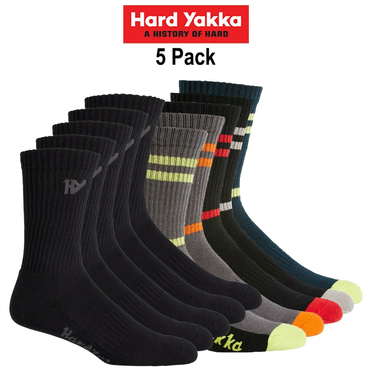 Hard Yakka Cotton Crew Work Socks 5 Pack Logo Athletic Padded Black Y20035