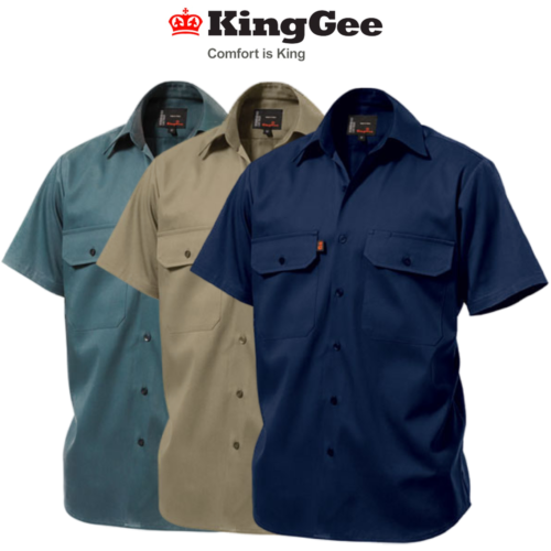 KingGee Mens Open Front Drill Shirt S/S Reinforced Work Cotton Comfy K04030